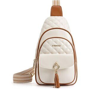 New Brown Beige PU Leather Sling Bag, Quilted Crossbody Travel Bag with Tassel